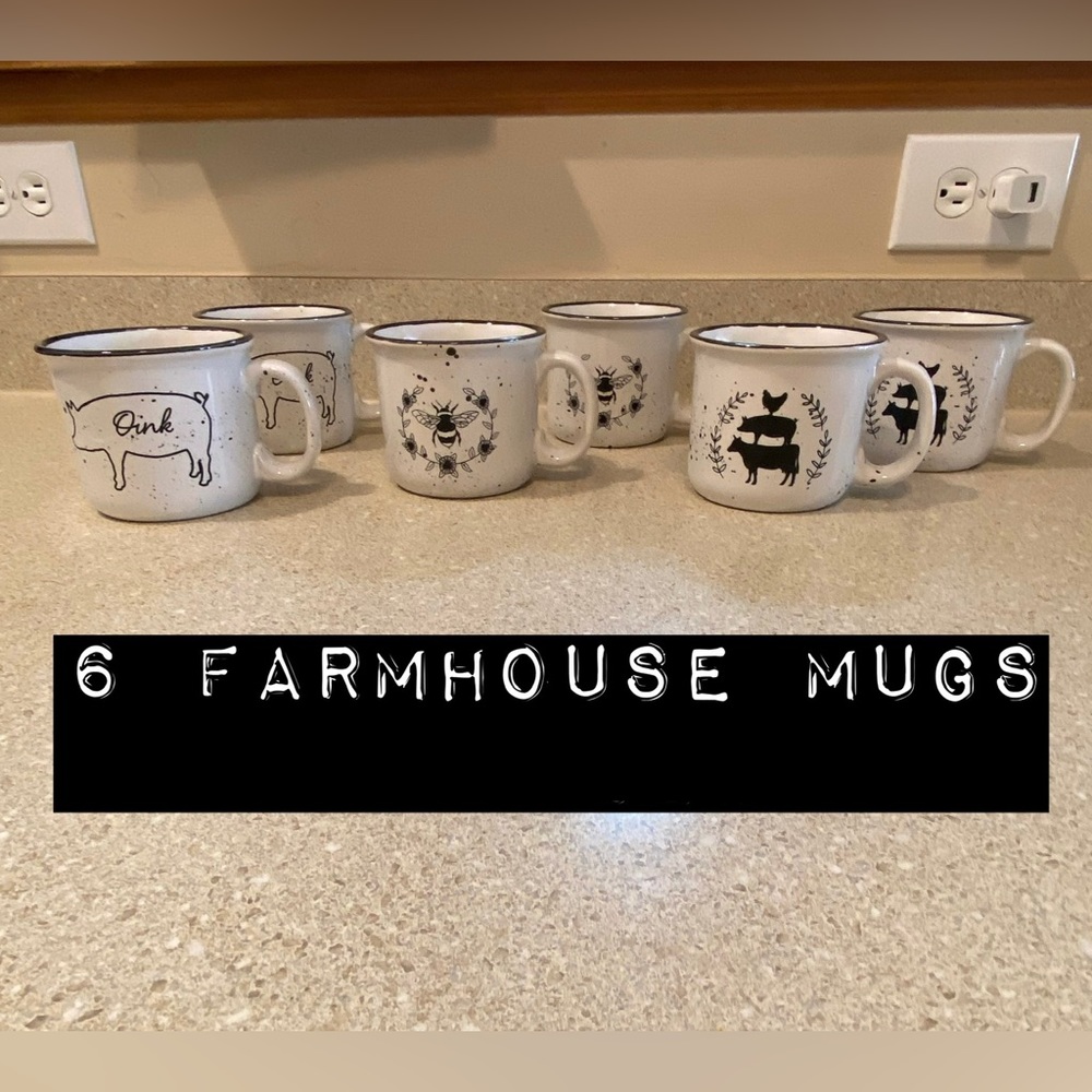 6 Farmhouse Mugs — 2 Bees, 2 Pigs, 2 Chicken on Pig on Cow Black & White Design